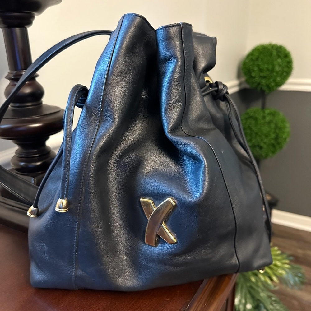 Paloma Picasso Elegant Black Leather Drawstring Bucket Bag
